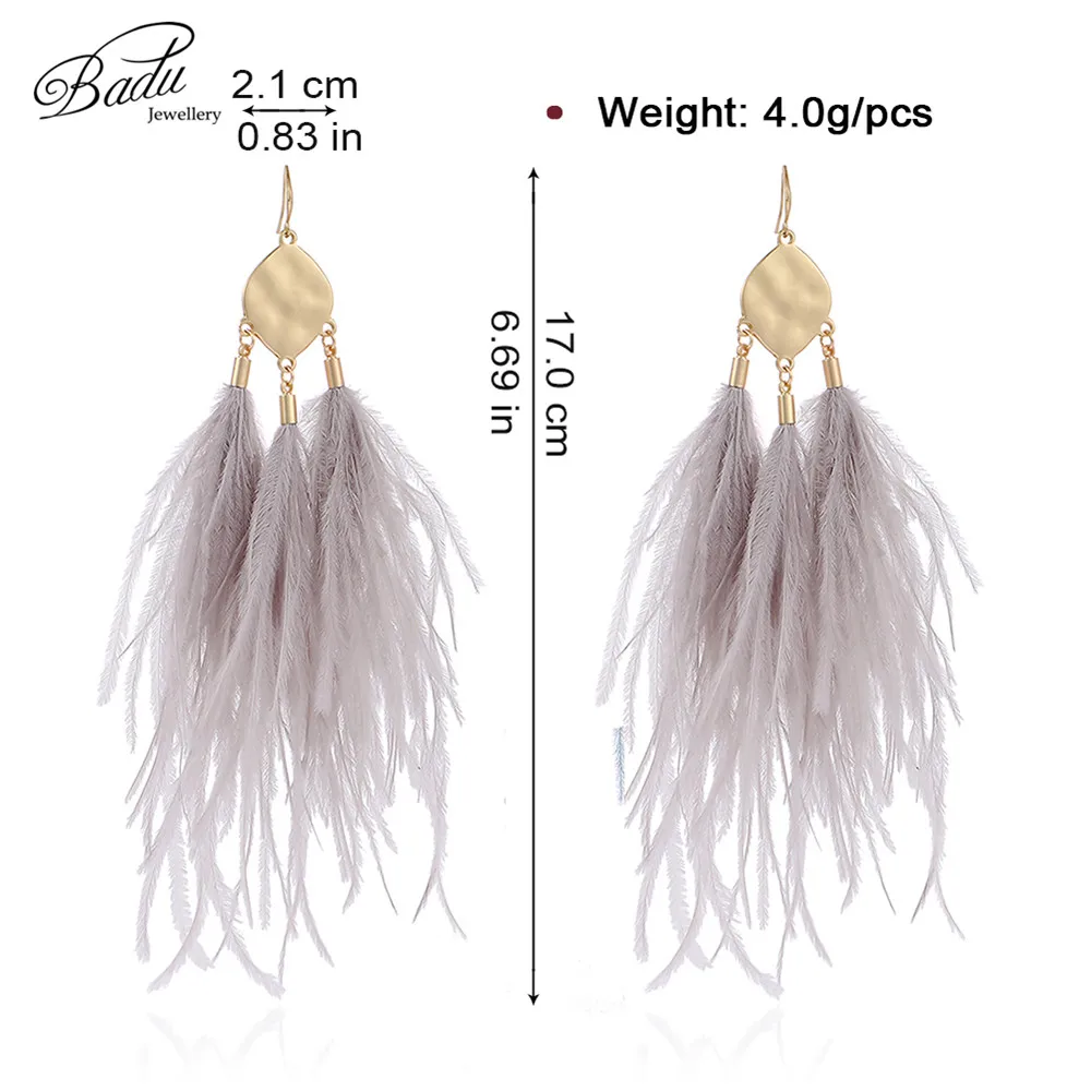 Badu Vintage Ostrich Feather Earring Long Drop Women Winter Autumn Winter Earrings Light Feathers Christmas Jewelry Wholesale
