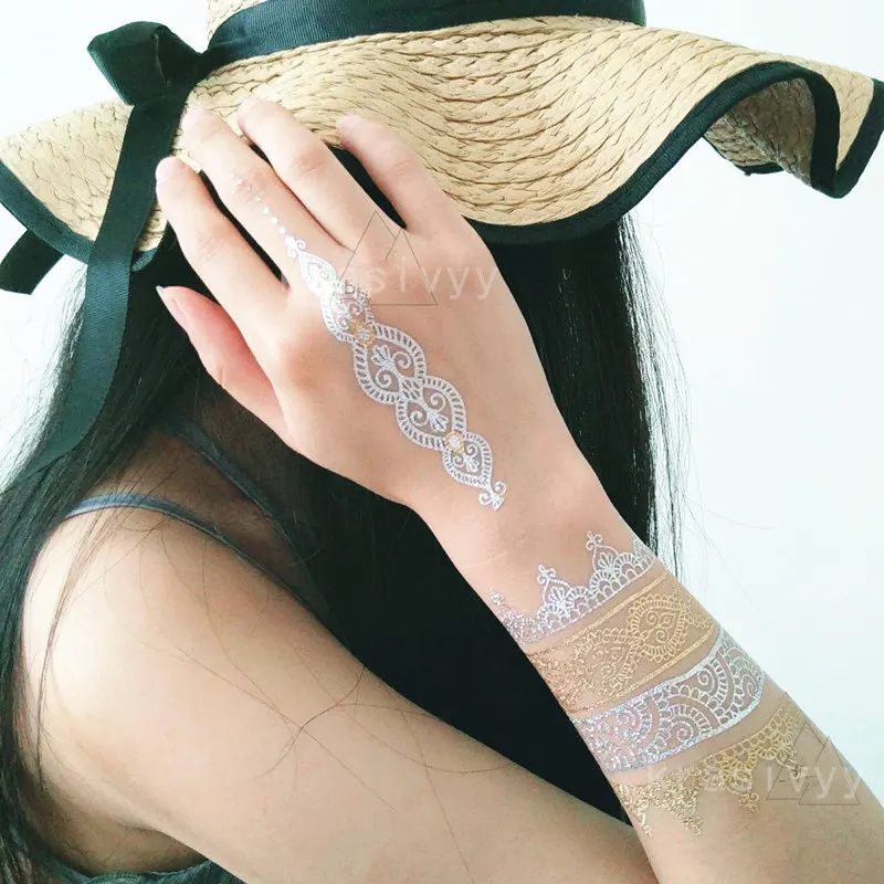 Temporary tattoos golden silver stickers jewelry bracelet tattoos summer flash tattoo paste makeup girls waterproof fake tattoo