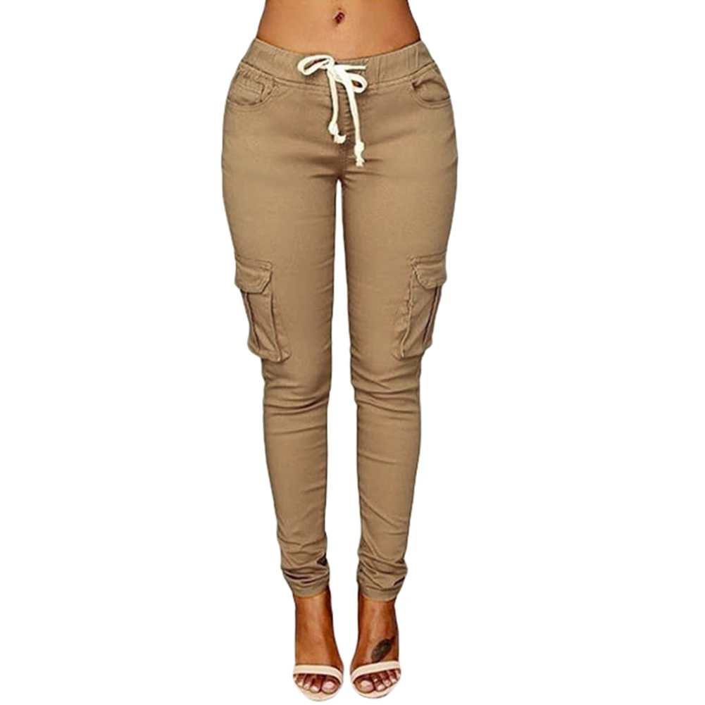 pants woman high waist pants Solid  Skinny Cargo Pants Pockets Drawstring Joggers Trousers Summer Leggings Casual Pencil Pants