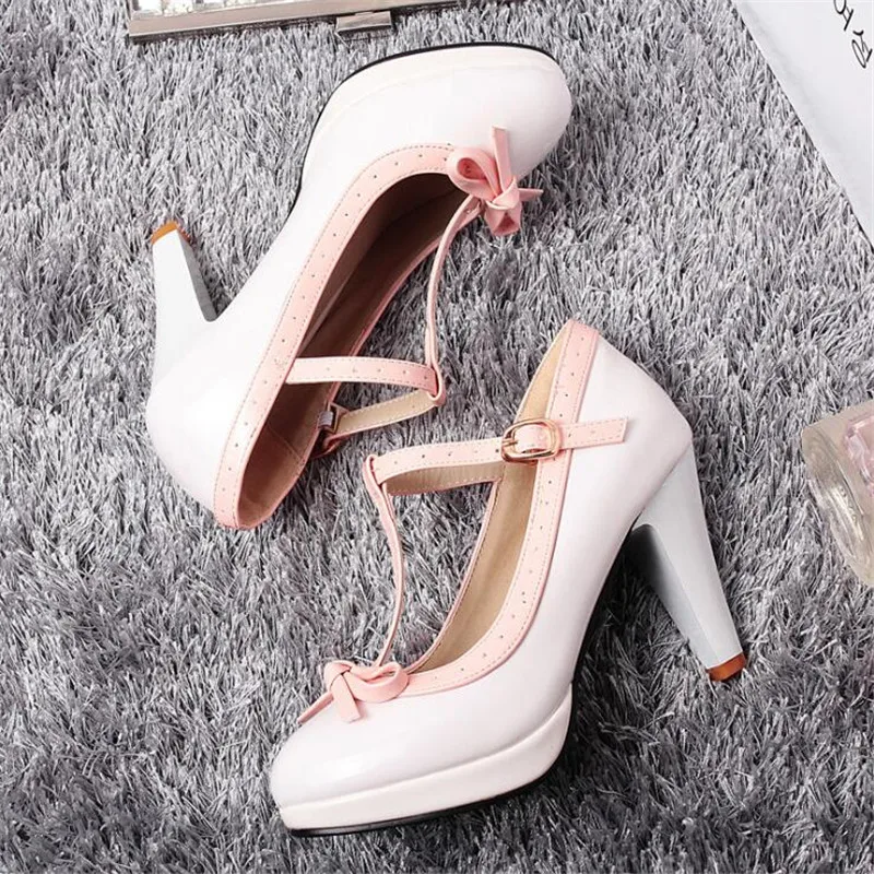 Big Size 33-43 Women Pumps Sweet Bowtie Shoes Vintage Chunky Female High Heels Party Wedding Prom Footwear Girls Shoes