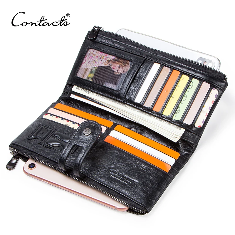 

CONTACT'S genuine leather men long wallet lady purse card holder clutch with coin pocket zipper money bag for phone male wallets