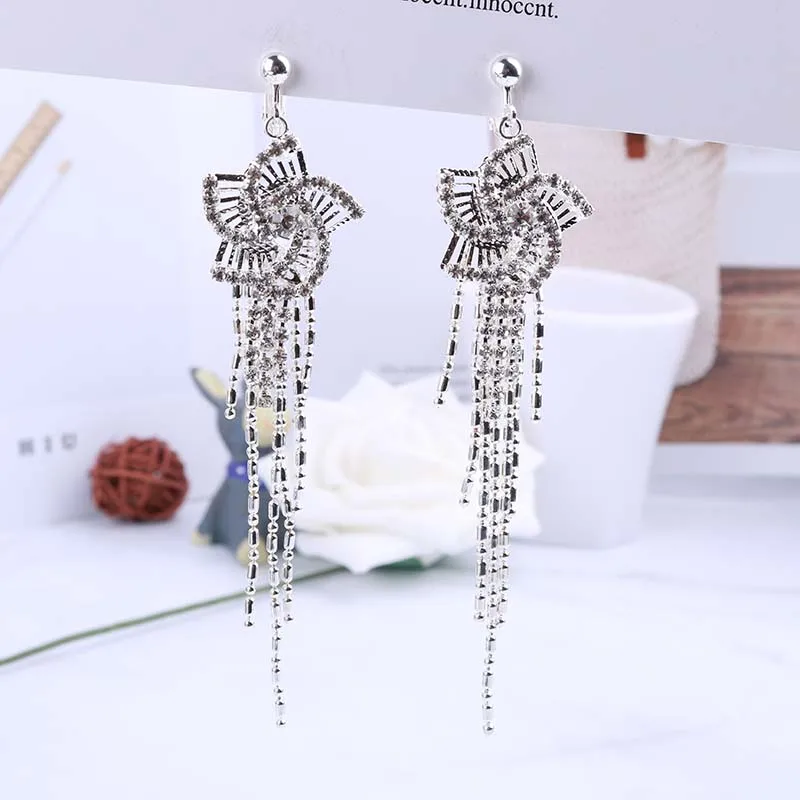 Gold Silver Hollow Flower Fringe Clip On Earrings No Pierced Rhinestone Dangle For Female Wedding Party Star Ear Clips Jewelry