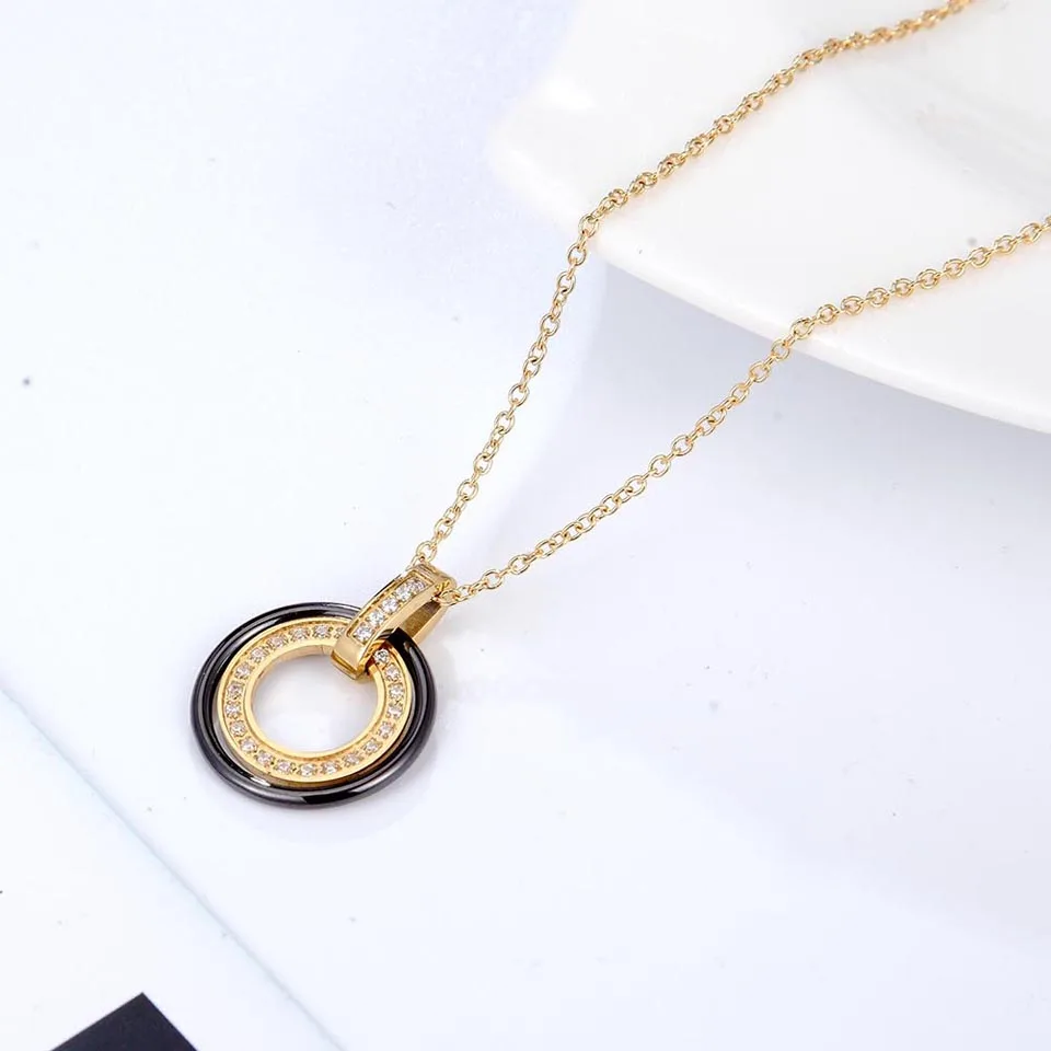 Fashion Jewelry Simple Black Ceramic Circle Crystal Pendant Necklaces With Women\'s Stainless Steel Circles Necklace & Pendants