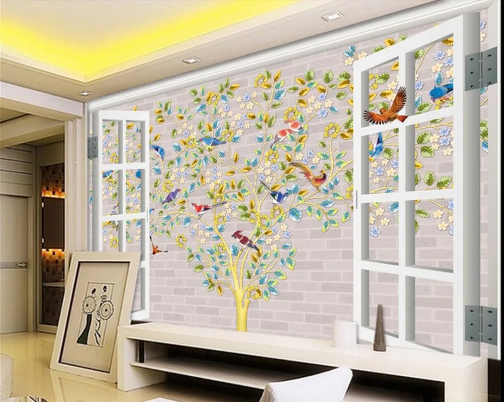 

mural 3d wallpaper Tree 3D windows painted bird TV backdrop living 3d wallpaper Home Decoration photo 3d wallpaper