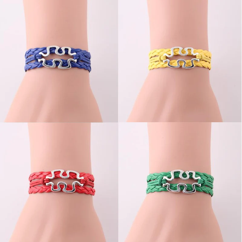 10PC/lot Autism Awareness Jigsaw Ribbon Puzzle Pieces Charm Bracelet Leather Braid Handmade Bracelets Women Men Autism Jewelry