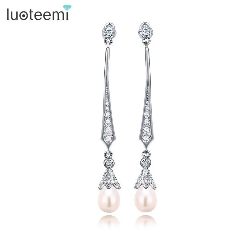 LUOTEEMI Fashion Women\'s Charm White Gold-Color Waterdrop Imitation Pearl Long Dangle Drop Earrings Jewelry Bijoux Brinco