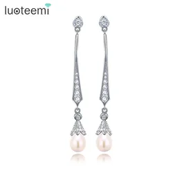 LUOTEEMI Fashion Women's Charm White Gold-Color Waterdrop Imitation Pearl Long Dangle Drop Earrings Jewelry Bijoux Brinco