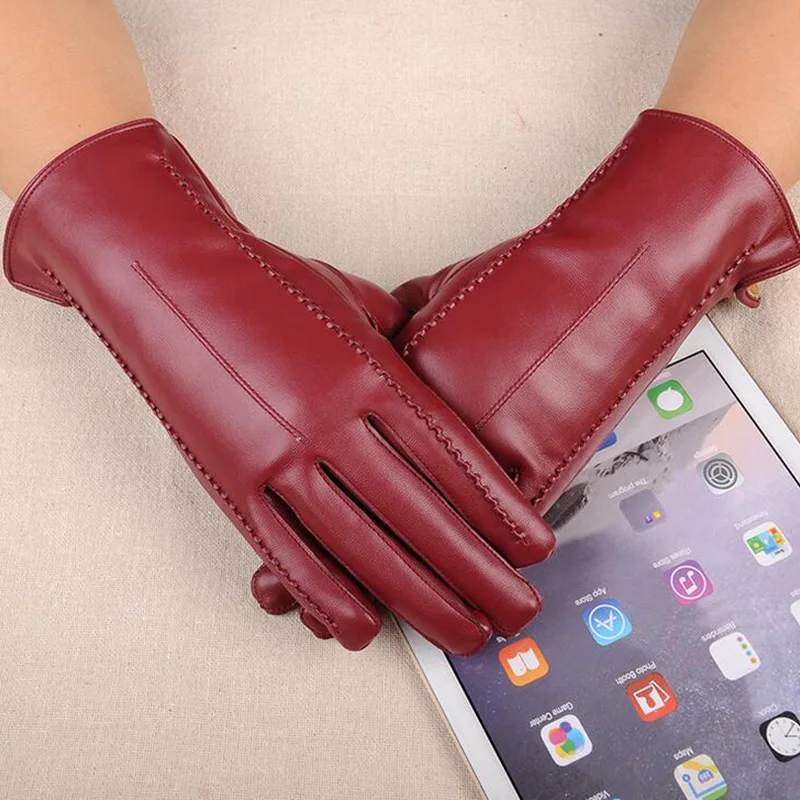 High Quality Leather Female Fashion Winter Plus Coral Velvet Warm Black Glove Women Driving Touch Phone Screen Glove Mittens L55