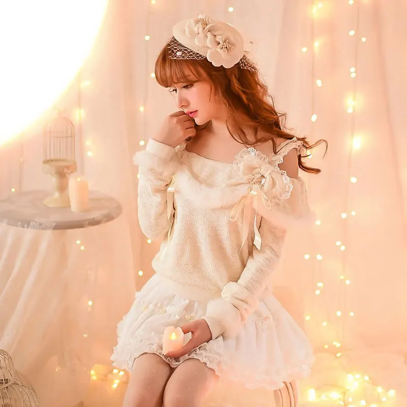 

Princess sweet lolita sweater Candy rain Autumn winter Japanese style sweet fairy Dew shoulder Rabbit hair bow sweater C16CD6122