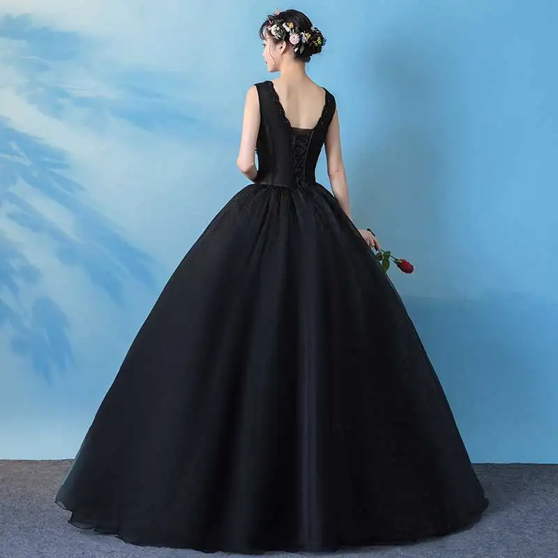 สินค้าใหม่ V-Neck Appliques ลูกปัดสีดำ Quinceanera ชุด 2019 Puffy Ball Gown ชุดราตรีสต็อก vestidos de quinceanera