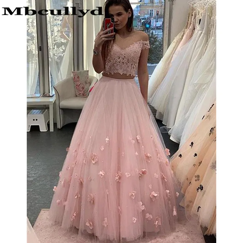 Mbcullyd Rosa Zwei Stücke Prom Kleider 2023 Lange Sexy V-ausschnitt Mädchen Graduation Pageant Kleid Chraming Blumen abiye gece elbisesi