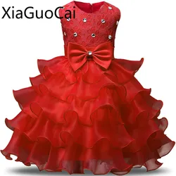 1-7 Years Red Summer Party Girls Dress Tulle Lace Children Dress Bead O-neck Party Ball Gown Wedding Dress