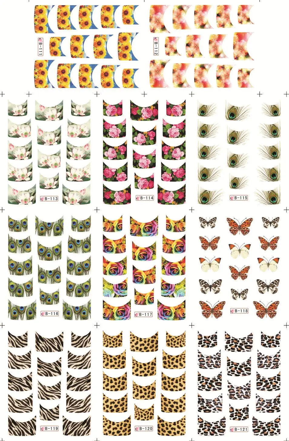 11 hojas/lote de B111-121 de uñas, pluma, leopardo, flor, francés, transferencia de agua, pegatina para Nail Art(11 diseños en 1)