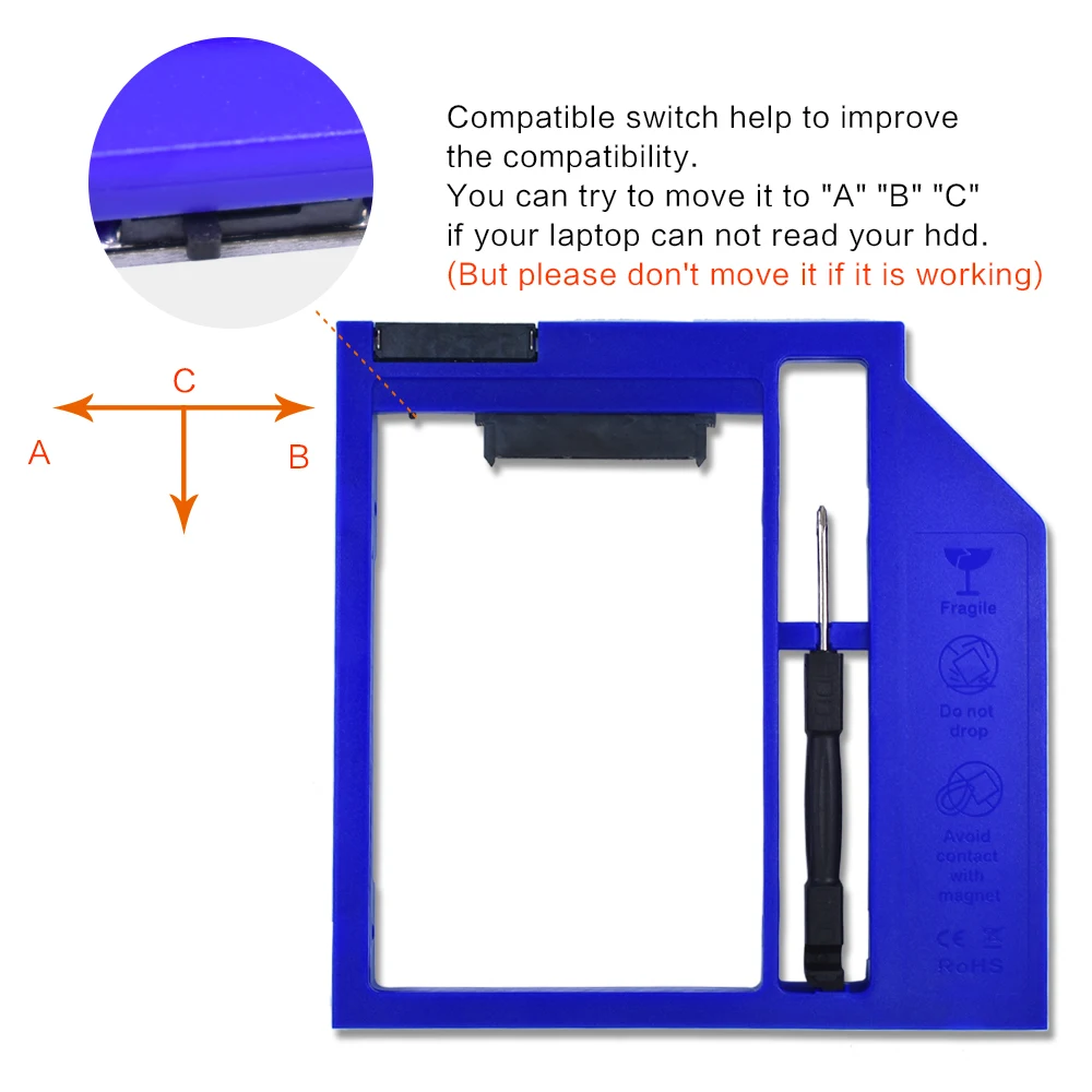 TISHRIC Blue Plastic Optibay 2nd HDD Caddy Box 9.5mm SATA 3.0 for 9/9.5mm 2.5" SSD Adapter CD DVD HDD Case Enclosure For Laptop