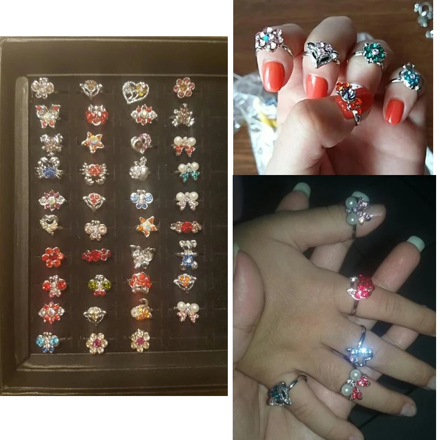 Mix Lot 60pcs Silver Plated kids ring Assorted Design Crystal Ring Child Party Small Size Adjustable Heart ring Wholesale