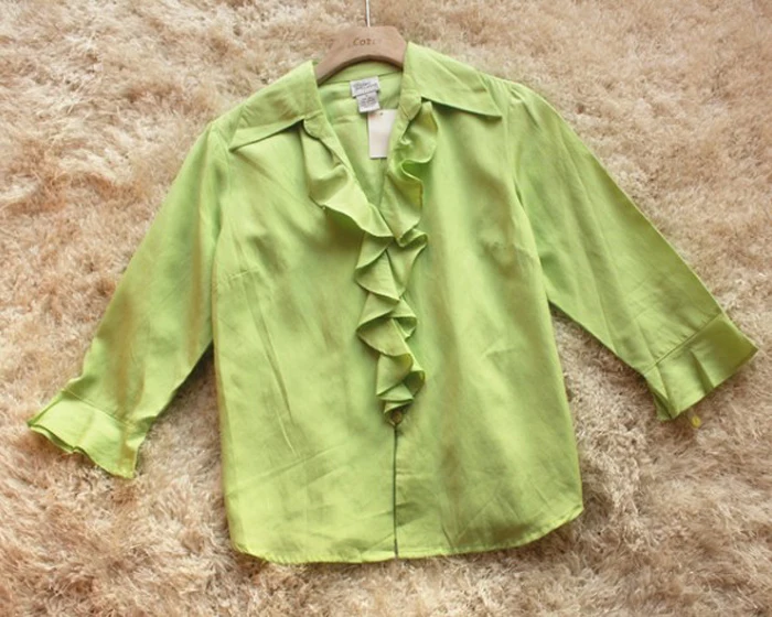 Ruffled 70% silk 30% cotton blouse lotus leaf collar sun protection clothing slim shirt three-quarter sleeve shirt