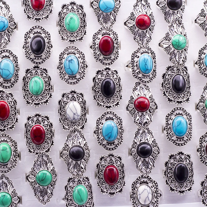 20pcs Wholesale Vintage Hollow Mix Stone Ancient Silver Color Ring Lots Fashion Jewelry Women Rings Dropshopping
