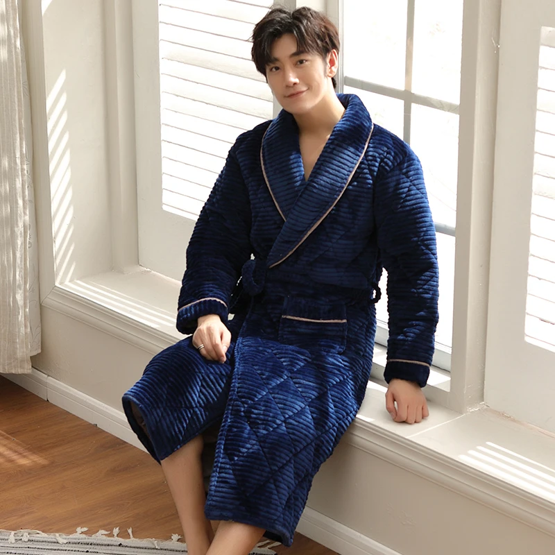 Winter Robe Thick Warm Men\'s Flannel Knit Quilted Robe Long Sleeve Comfortable Soft Solid Causal Male Bathrobe L-XXXL