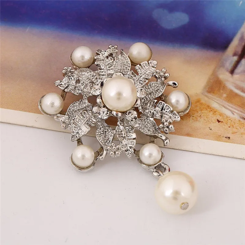DIEZI Luxury Silver Color Flower Austria Crystal Pear Charm Water Drop Brooches Pin Women Costume Jewelry Wedding Bouquet Brooch