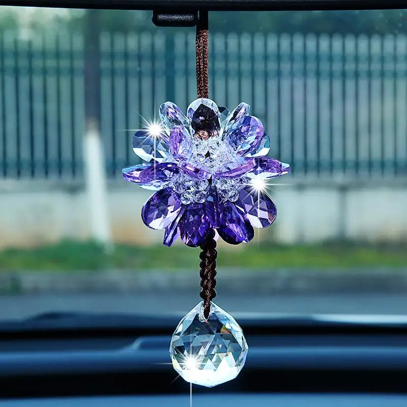 Car Pendant Crystal Flower Hanging Ornament Crystal Ball Prisms Flower Suncatcher Car Rear View Mirror Car Accessories