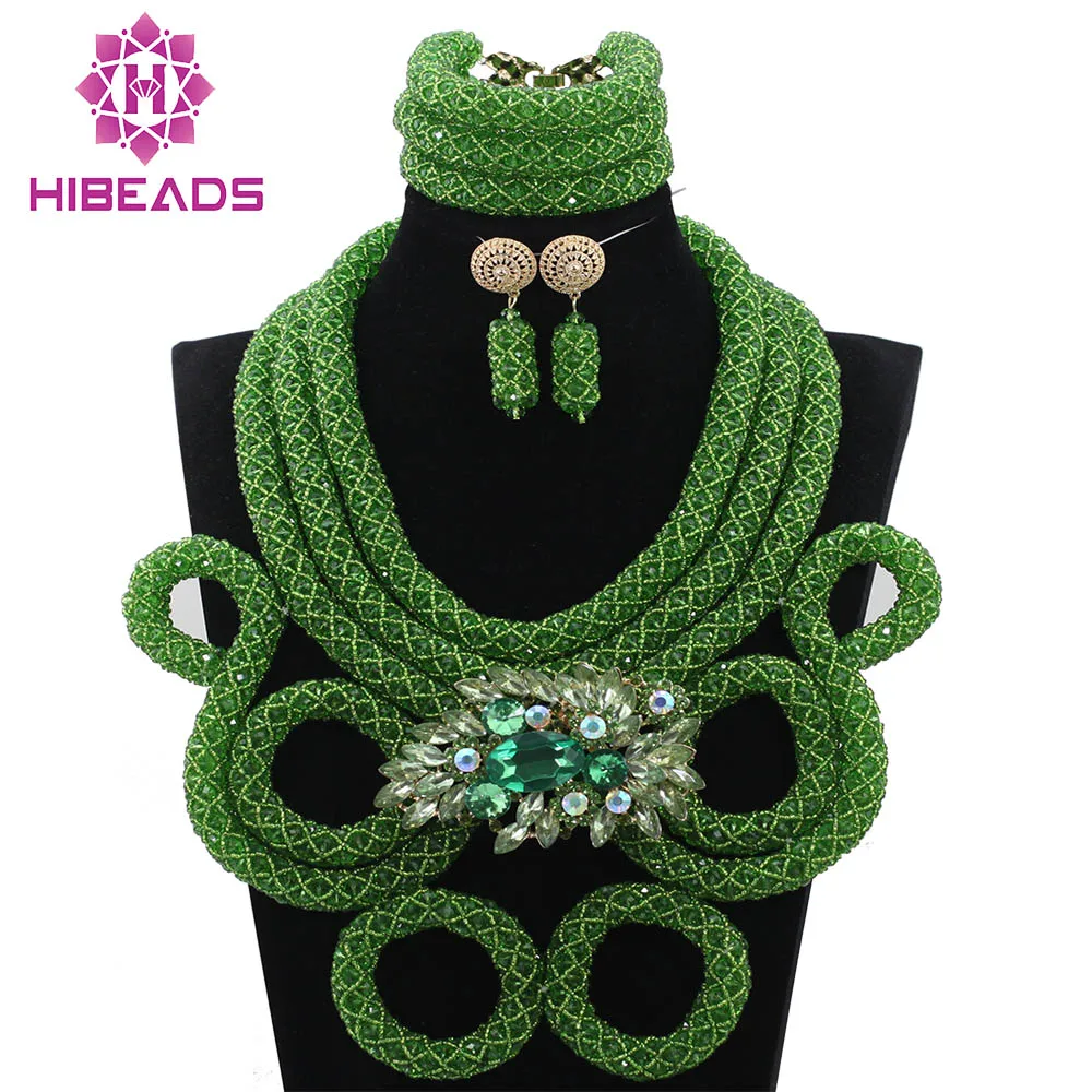 

Full Crystal Rope Chain Fabulous Green Nigerian Wedding Beads Jewelry Sets Party Anniversary Necklace Set Free Shipping ABH235