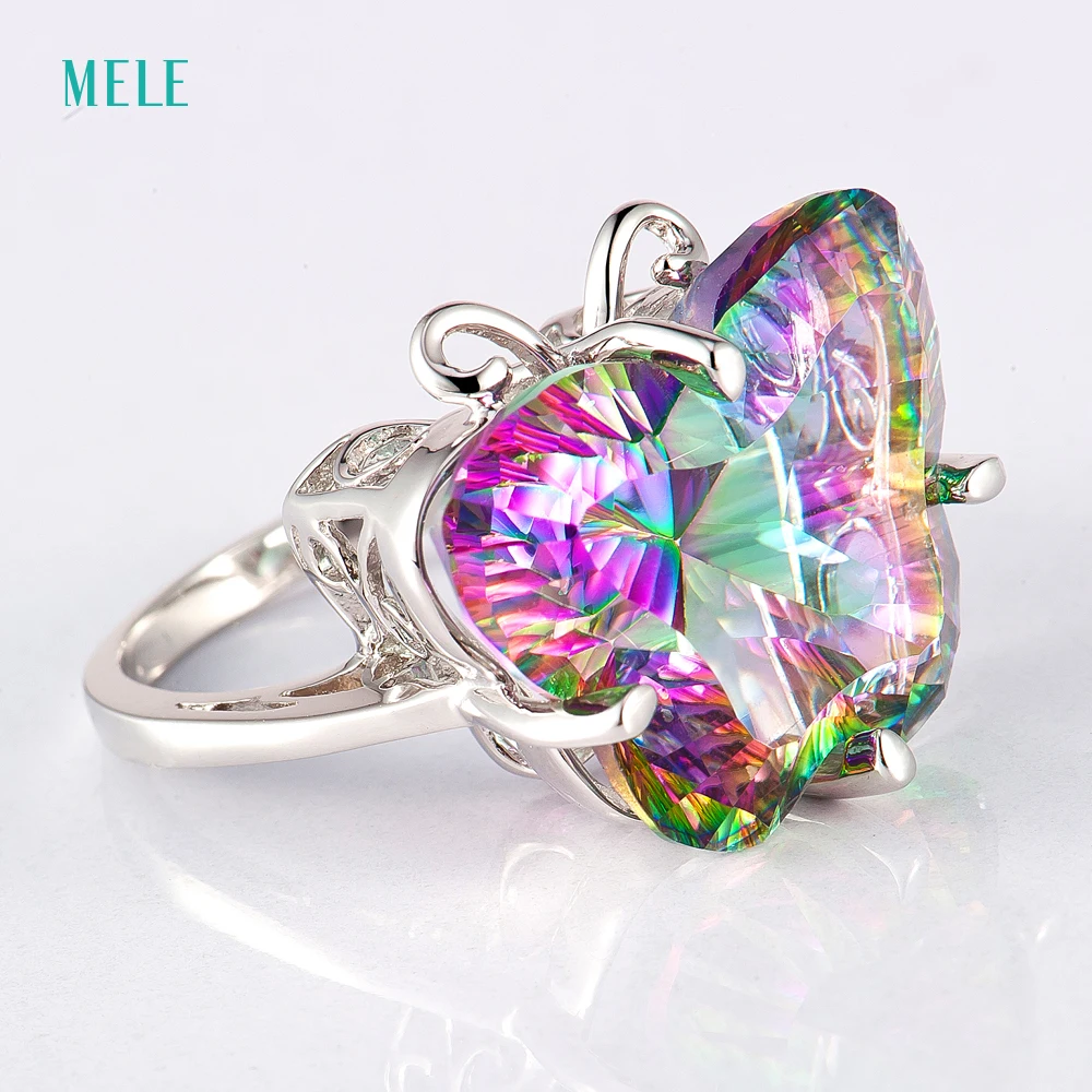 MELE Natural mystic quarts silver ring, rainbow crystal in butterfly shape 16mm*21mm, vivid and lovely silver ring