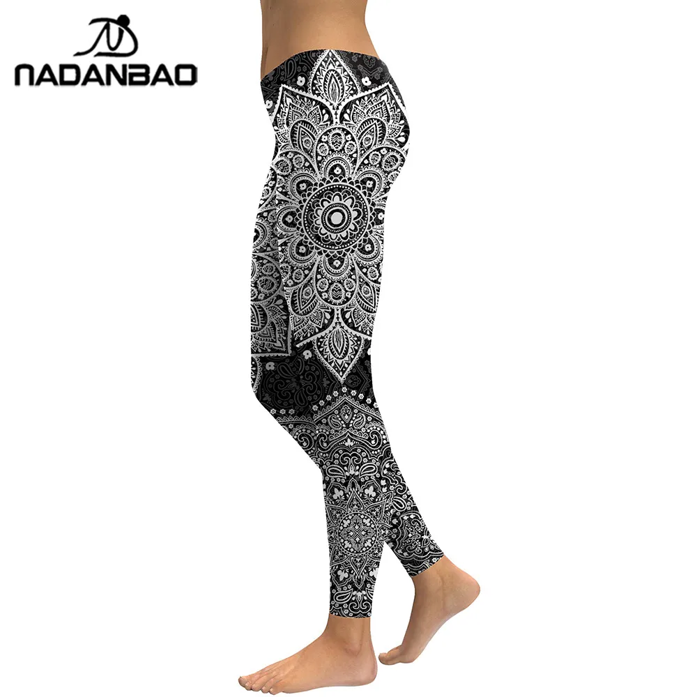 NADANBAO 2025 Grey Mandala Leggings Women Flower Digital Print Fitness Legging Workout High Waist Slimm Clothing