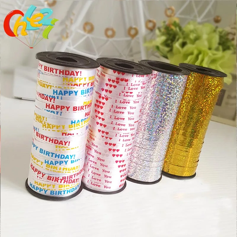 1pc 100 Yard Happy Birthday Crimped Curling Ribbon Roll Silver Balloon Ribbons for Party Festival Florist Crafts Gift Wrapping