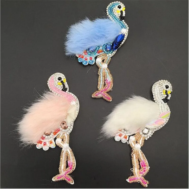 1 pcs Sequined fur Flamingo Patch for Clothes Sewing on Rhinestone Beaded Applique for Jackets Jeans Bags Shoes Beading Applique