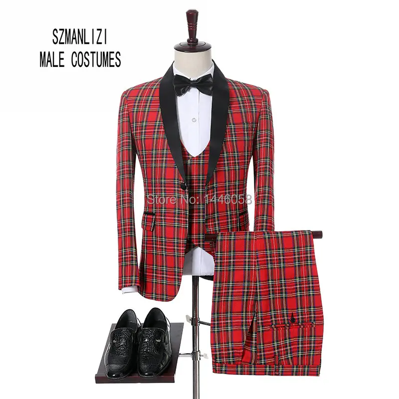 

2018 Fashon Italian Design Red Plaid Morning Dinner Suit Men Slim Fit Groom Wedding Dress Men Wedding Suits 3 Piece Mens Tuxedo