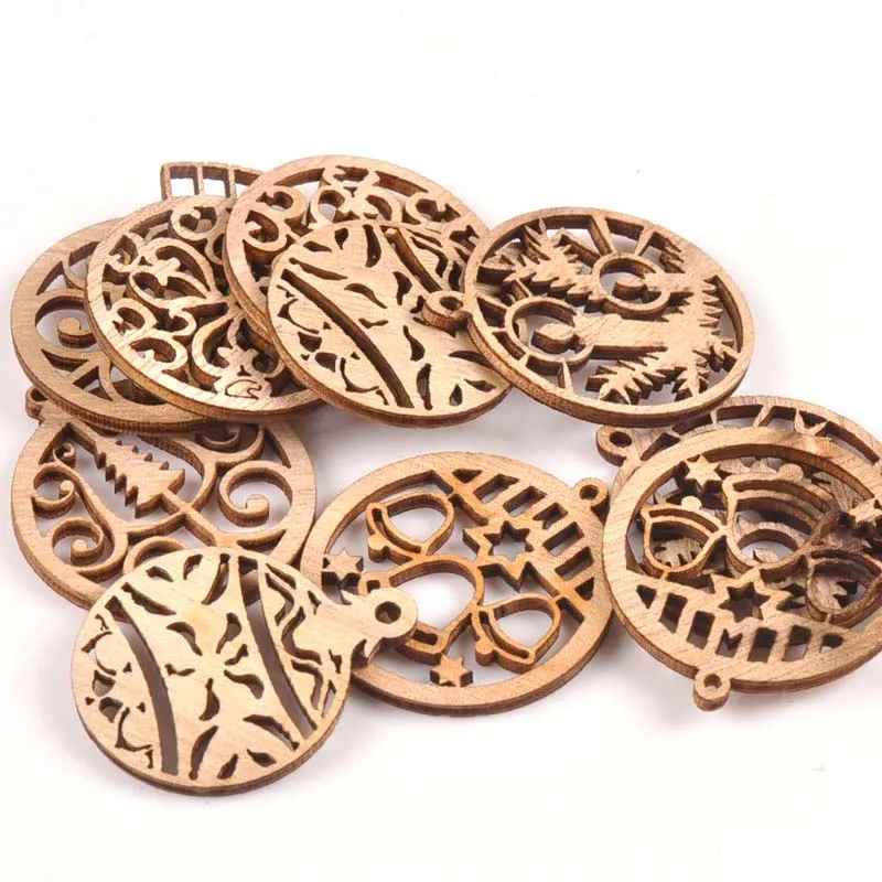 10pcs Carved Christmas Ball Wood DIY Craft Scrapbooking Decoration Natural Wooden Ornament For Home Handicrafts m1855