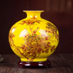 New Chinese Style Vase Jingdezhen Yellow Crystal Glaze Flower Vase Home Decor Handmade Shining Famille Rose Vases