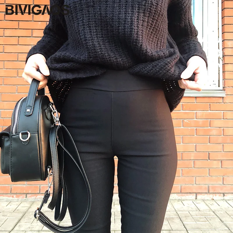 BIVIGAOS Spring Summer Fashion Womens Black Casual Elastic High Waist Leggings Trousers Pocket Pencil Pants Skinny Slim Female