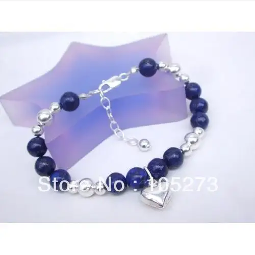 

New Arriver Handmade UK Designer S925 Sterling Silvers Blue Lapis Lazuli Heart Charm Gem-stone Bracelet 4-8mm 8''