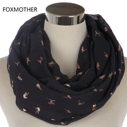 FOXMOTHER New Winter Fashion Women Grey Navy Shiny Metallic Foil Gold Cat Ring Scarves Circle Scarf Snood Shawl Foulard Femme