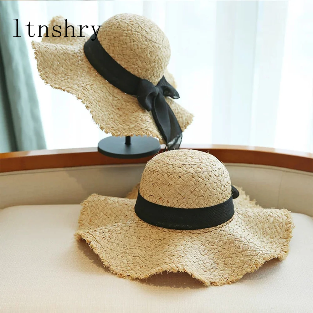 Women Summer Hat Ribbon Bow wave Raffia Straw Hats for Women High Quality Flat Top Boater Hat Female Wide Brim Beach Sun Hats