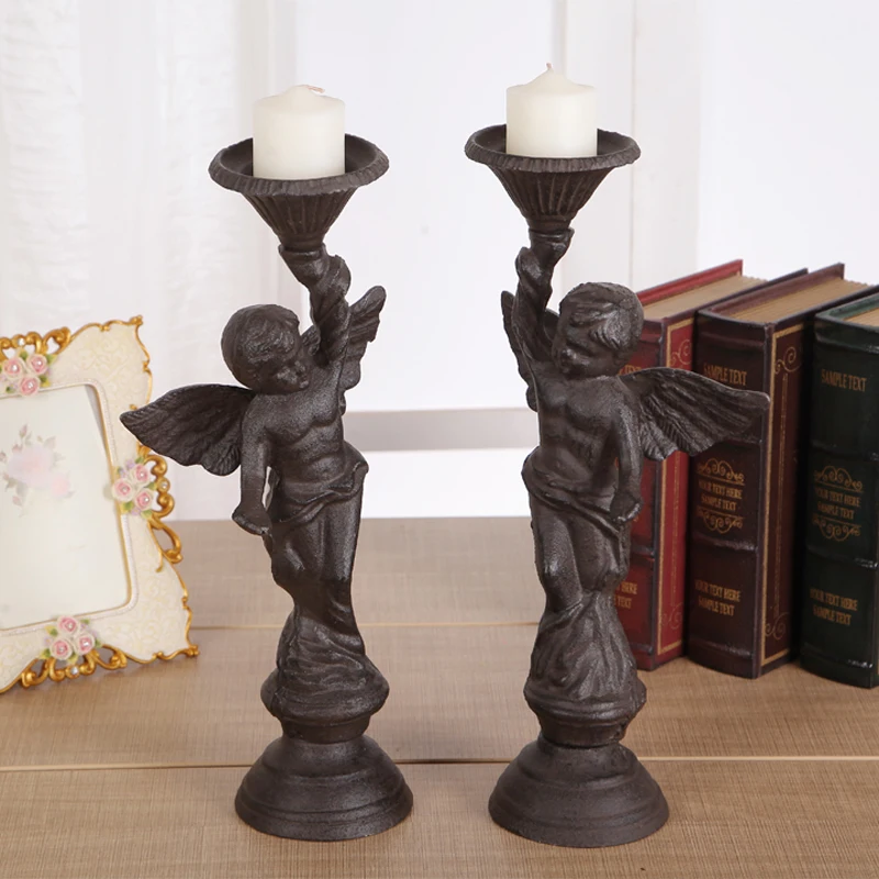 

European Accents Antique Rustic Shabby Chic Vintage Style Angel Design Home Tabletop Decor Cast Iron Pillar Candle Holder Pair