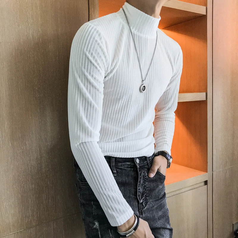 Velours Homme 2019 Autumn Heren Velvet T shirt Green Turtleneck Khaki T Shirts Mens Stripe T-shirts Slim Fit Mens T Shirt Retro image 6