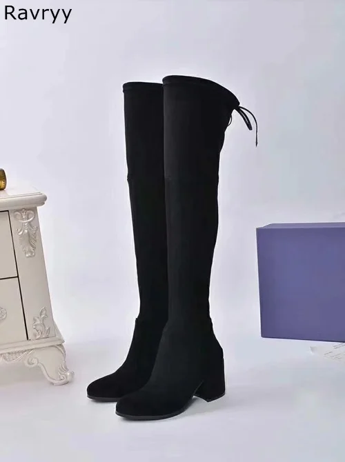 Slip-on Woman long Boots Suede Leather Over-the-knee Boots Drawstring Design Thick Heel Autumn Winter Female Fashion Shoes