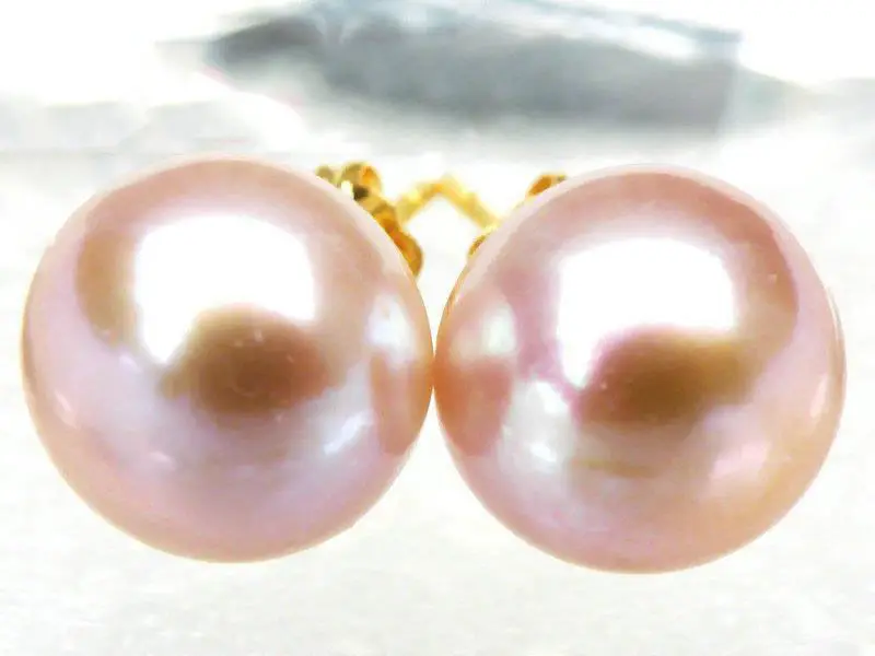 

14k yellow gold AAA+++ 12mm cabochon bread lavender pink south sea pearl earring