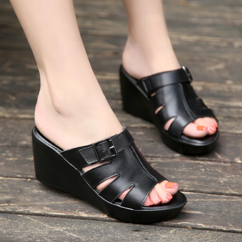 Genuine Leather Women Slippers Female Fashion, Thick Bottom Summer Sandals Buckle, Decoration Real Leather Wedged Shoes