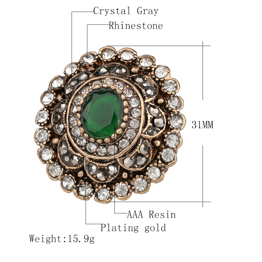 Fashion Vintage Look Ring Gold Color Big Round Crystal Flower Green Gem Antique Rings For Women 2018 New