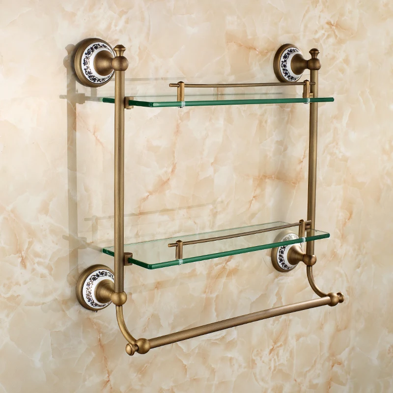 Bathroom Glass Shelf 2 Tier, Coming with Towel Bar, Shower Caddy Bath Basket, Wall Mount, Antique Brass, Bronze finish