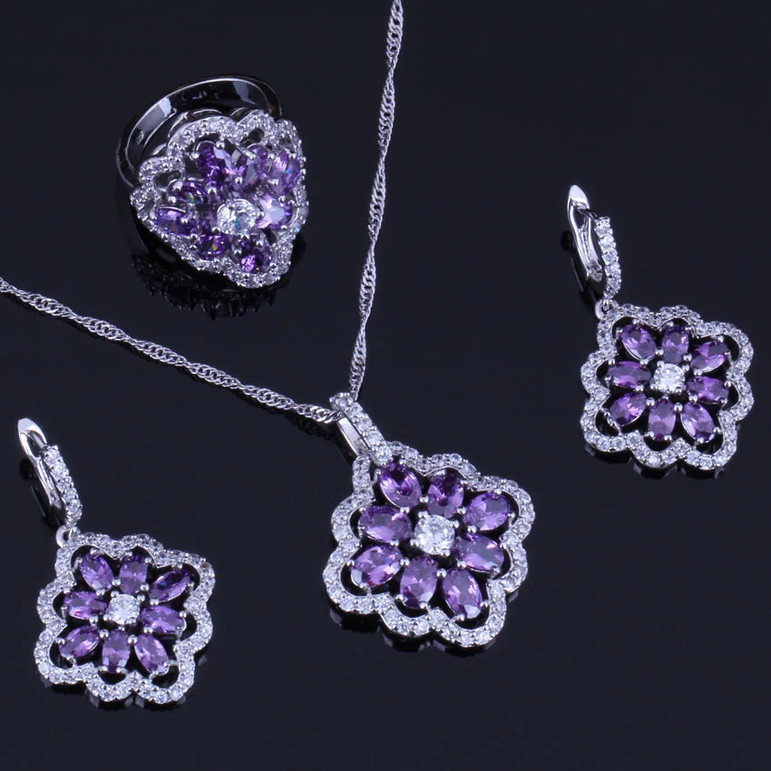 

Fancy Flower Purple Cubic Zirconia White CZ Silver Plated Jewelry Sets Earrings Pendant Chain Ring V0290