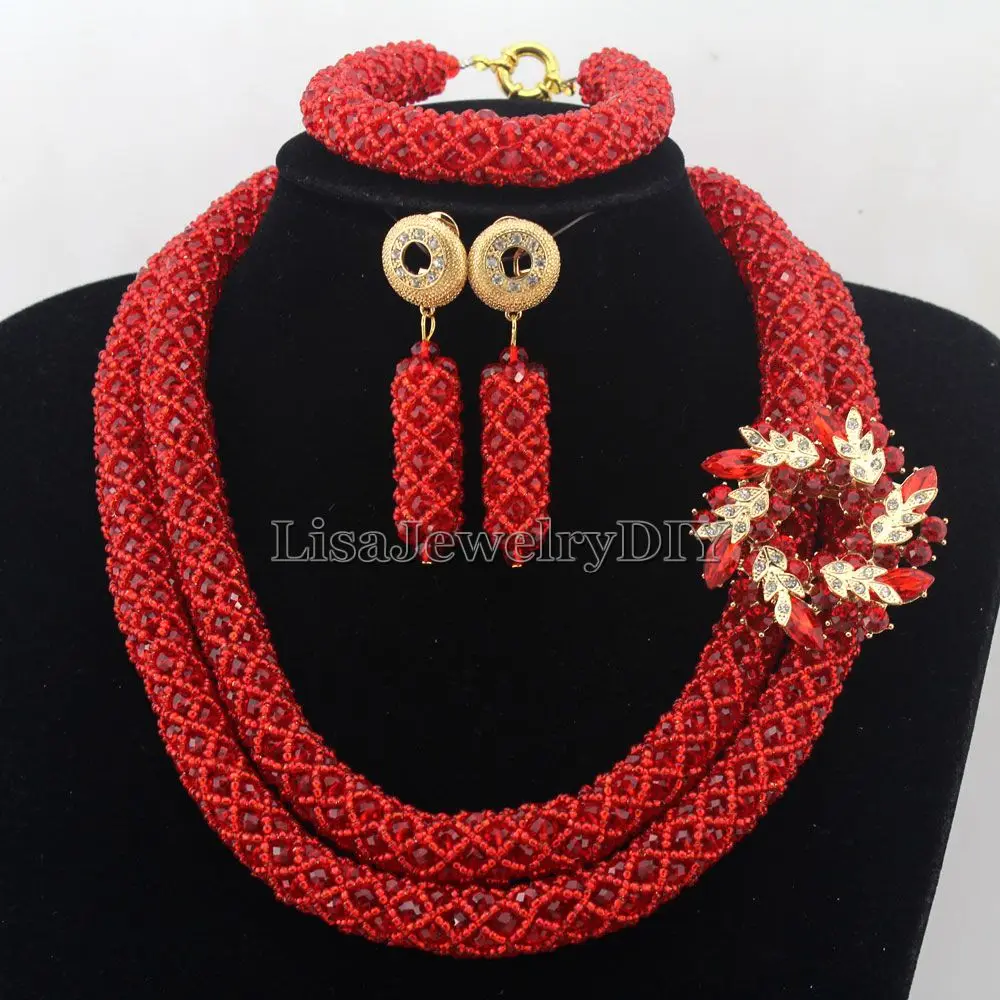 

Handmade Statement Necklace Crystal Women Necklaces Costume Jewelry Nigerian Wedding African Beads Jewelry Set HD7284