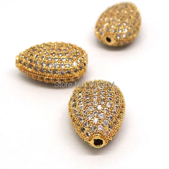 

15mm Gold Plated Micro Pave Brass Metal Zircon CZ Crystal Teardrop European Charms Hollow Spacer Beads Connectors DIY Findings