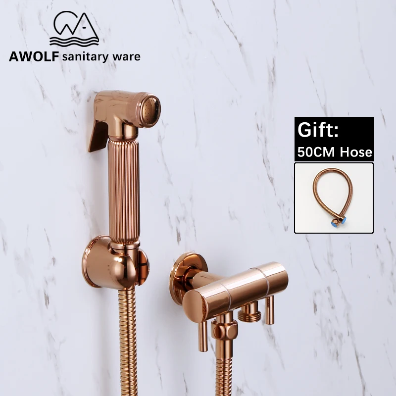 

Rose Gold Hand Held Bidet Sprayer Toilet Shattaf Douche Kit Solid Brass Faucet Shower Dual Copper Valve Set Head AP2176