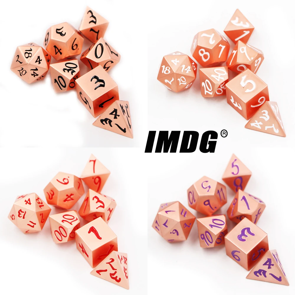 

IMDG 7pcs/set Creative RPG Game Dice Set Polyhedron DND Metal Dice Large Font Red Copper Digital Game Dice