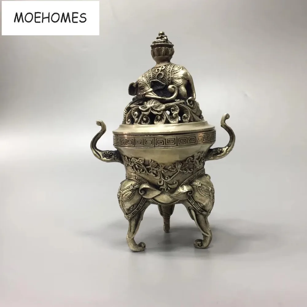 

MOEHOMES Chinese old antique silver Mascot Elephant statues incense burner decoration metal crafts