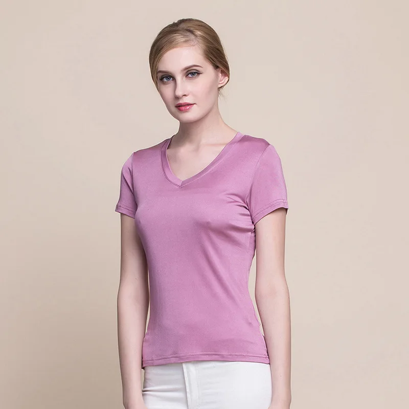 Summer Women 100% Real Silk T-shirt Casual Knitted Short Sleeve Shirts Comfortable Breathable Loose V-neck T-shirts 1008